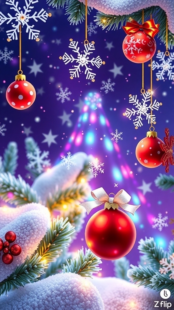 Christmas-Themed Z Flip 6 Wallpaper GIF Christmas-themed animated GIF for Z Flip 6 with snowflakes and ornaments.